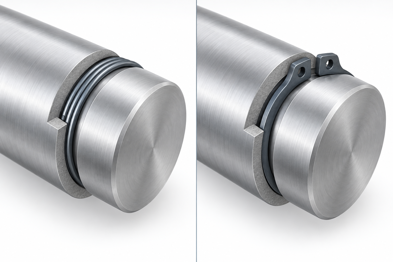 Spiral retaining ring and lugged circlip seated in separate shaft grooves