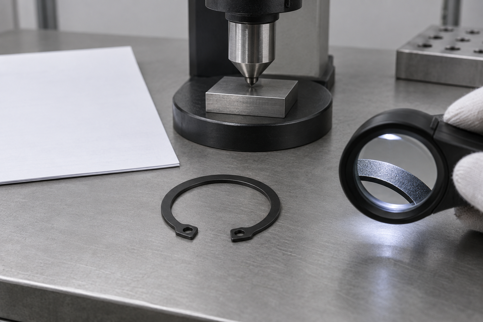 Material, hardness and surface-finish inspection steps for a shaft retaining ring