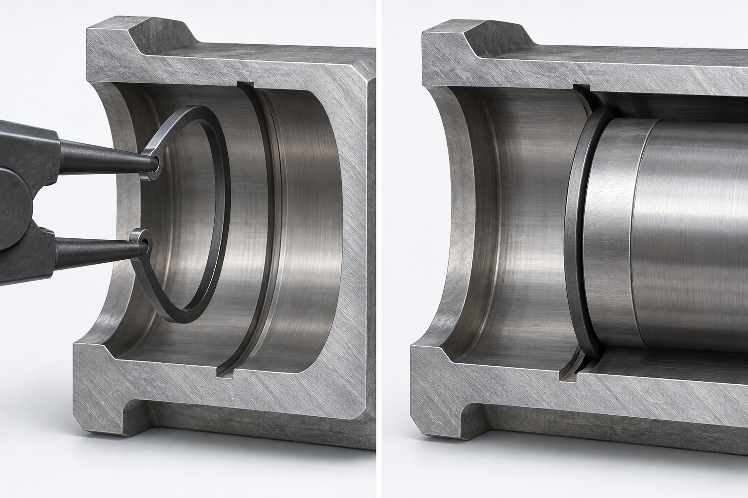 Internal retaining ring contracting into a bore groove and seating as an axial shoulder