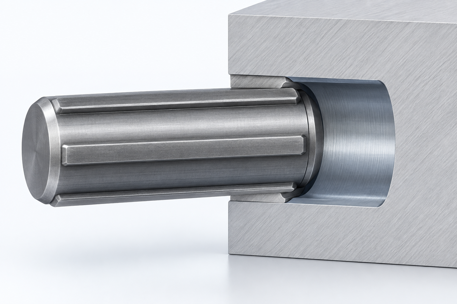 Cutaway view of a grooved pin with raised ridges engaging a prepared hole