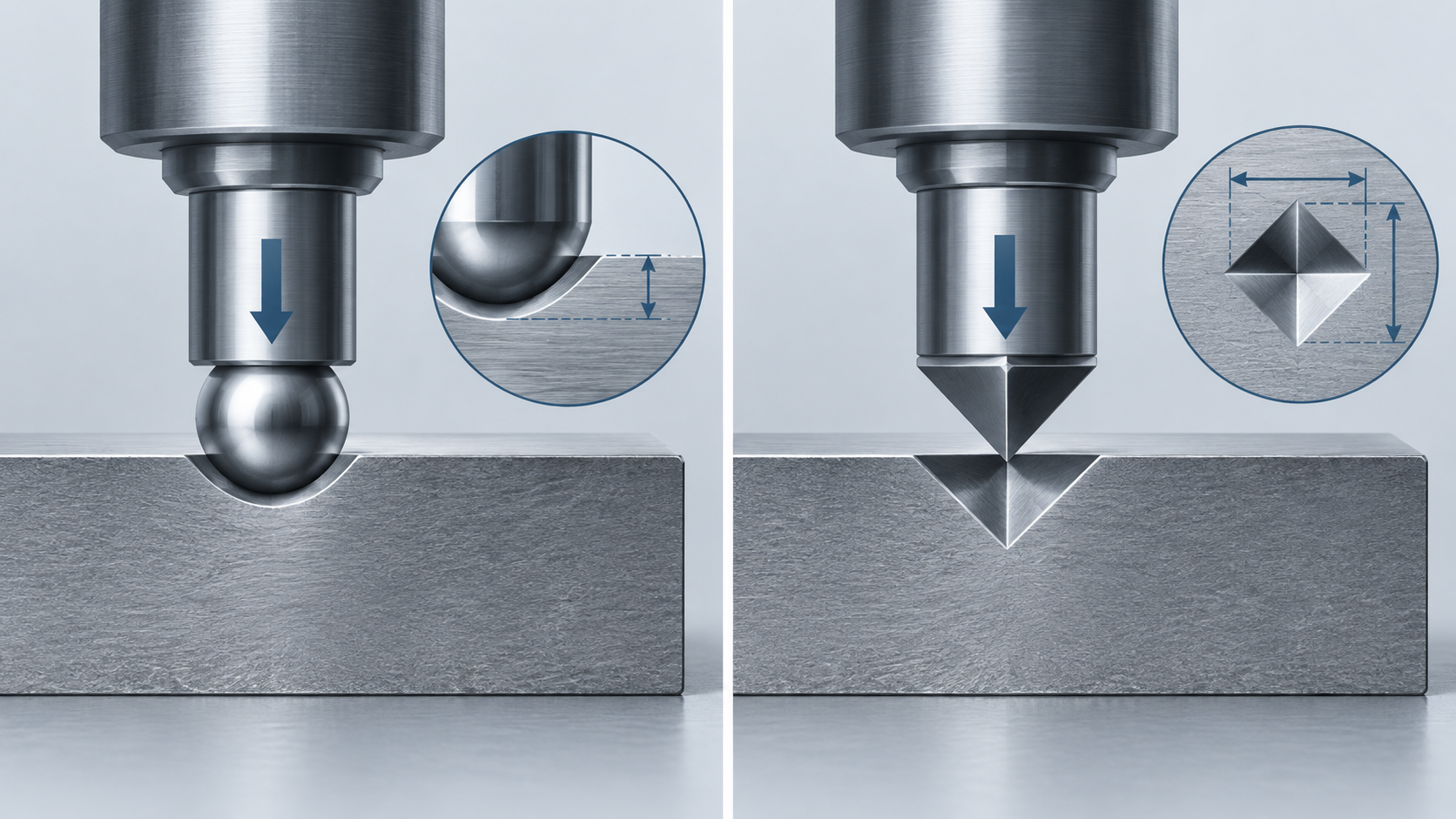 Illustration comparing Rockwell depth measurement and Vickers indentation measurement