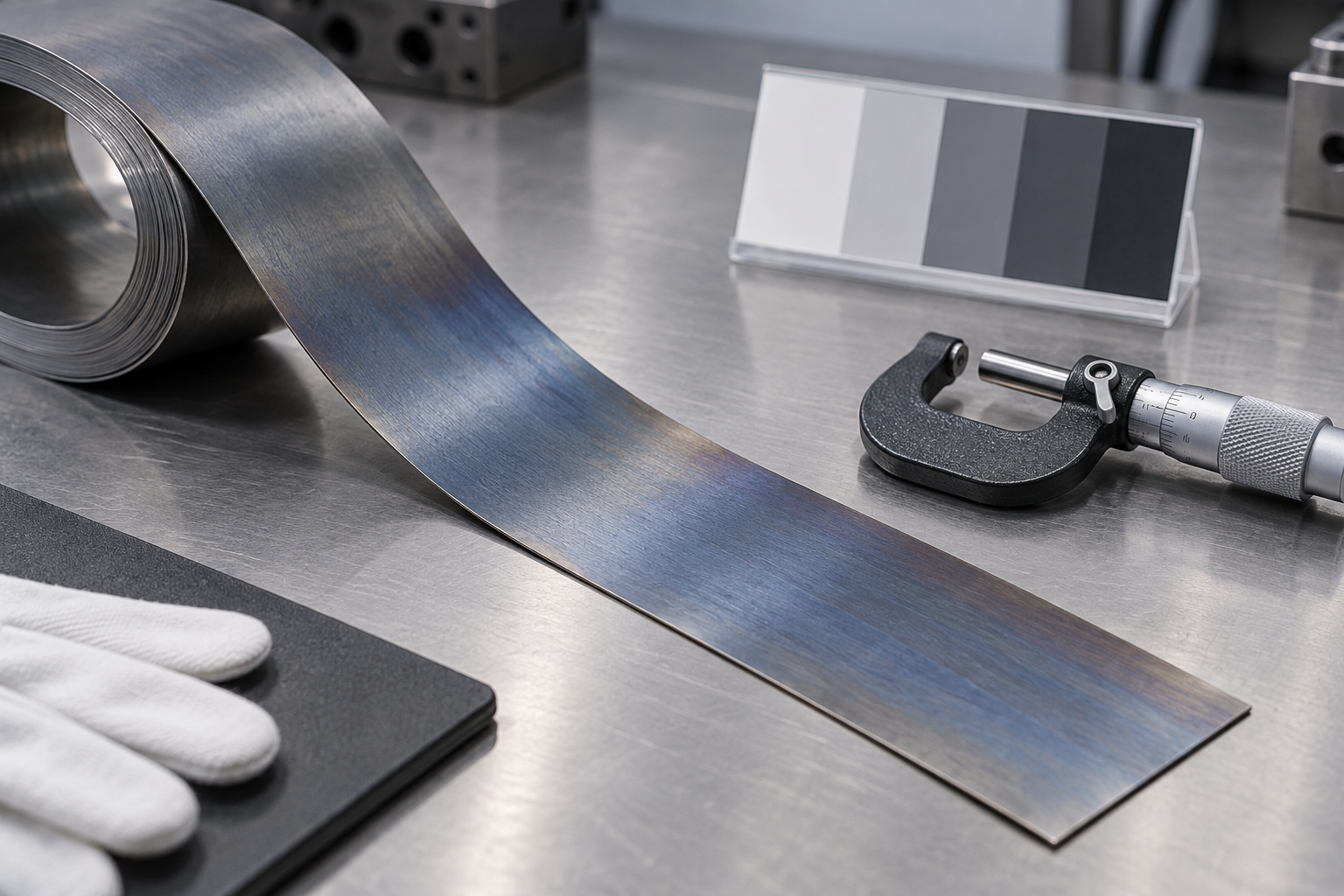 Blue-gray spring-steel strip sample with a micrometer on an inspection workbench