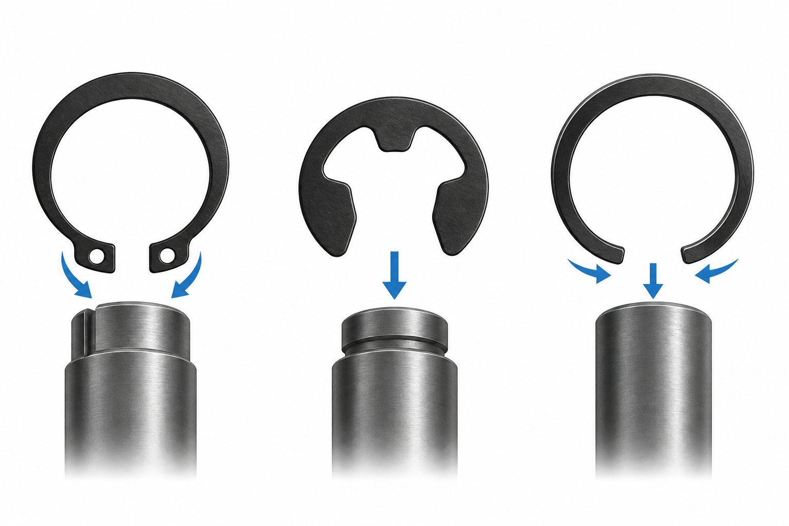 Conceptual comparison of axial radial and bore retaining clip installation paths