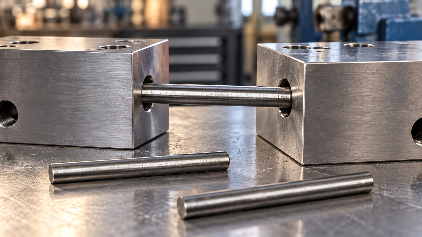 Straight dowel pin positioned between machined steel blocks