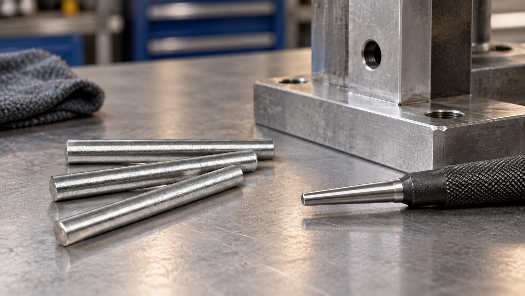 Dowel pins and a removal punch staged beside a machined fixture
