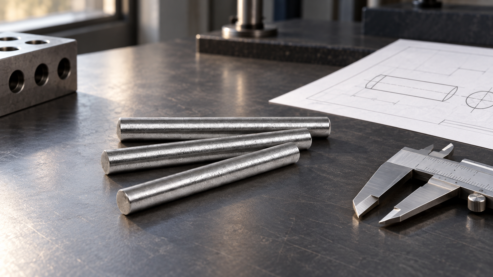 Dowel pins arranged beside a caliper on an industrial metrology bench