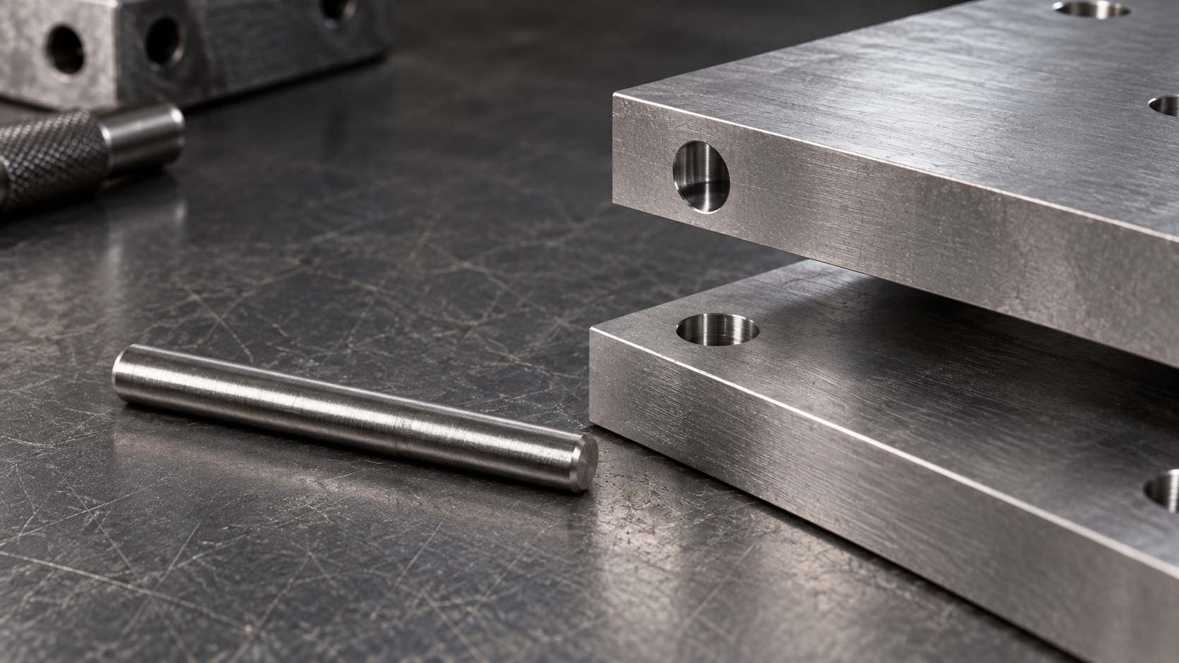 Dowel pin staged beside a machined shear-joint fixture