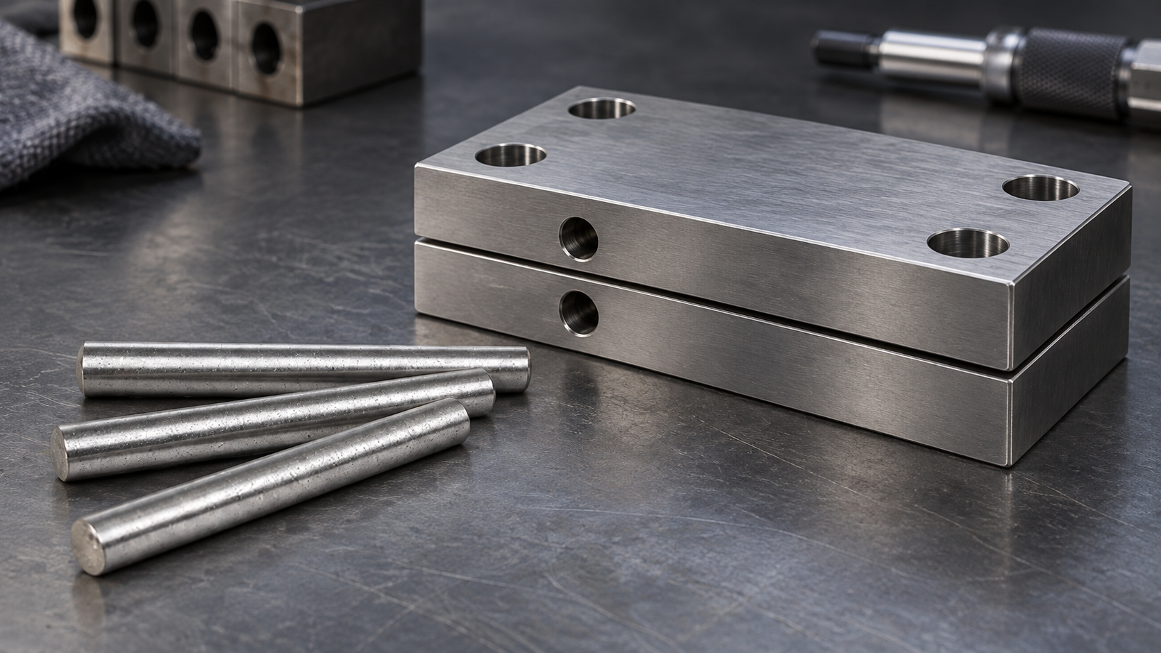 Dowel pins beside stacked machined plates with aligned holes