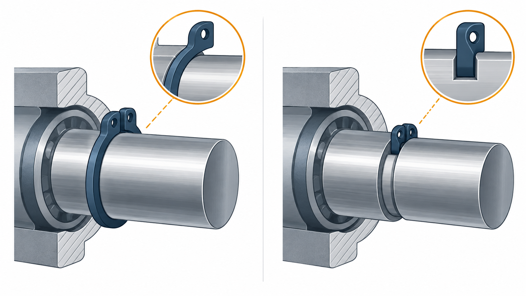 Technical comparison of a push-on retaining ring on a smooth shaft and a grooved retaining ring