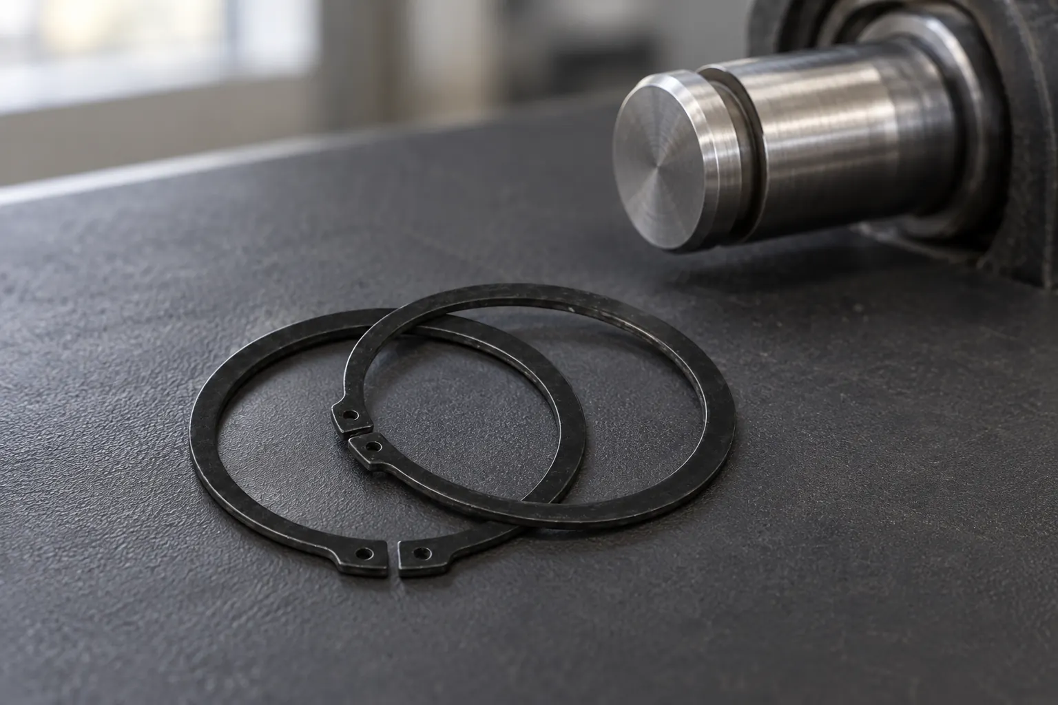 DIN 471 external retaining rings beside an empty shaft groove inspection fixture