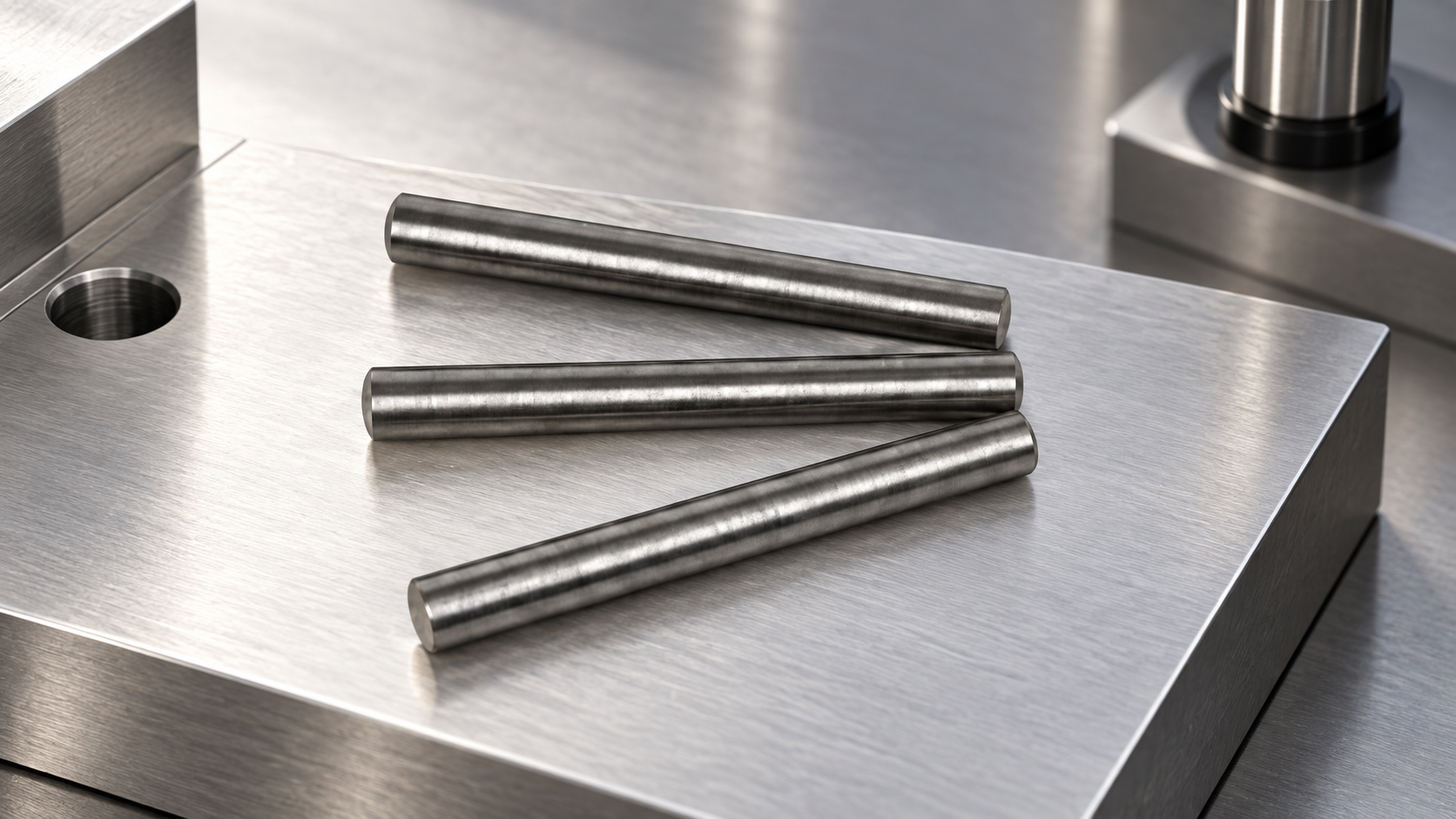 Dowel pins staged on a clean metal fixture for surface review