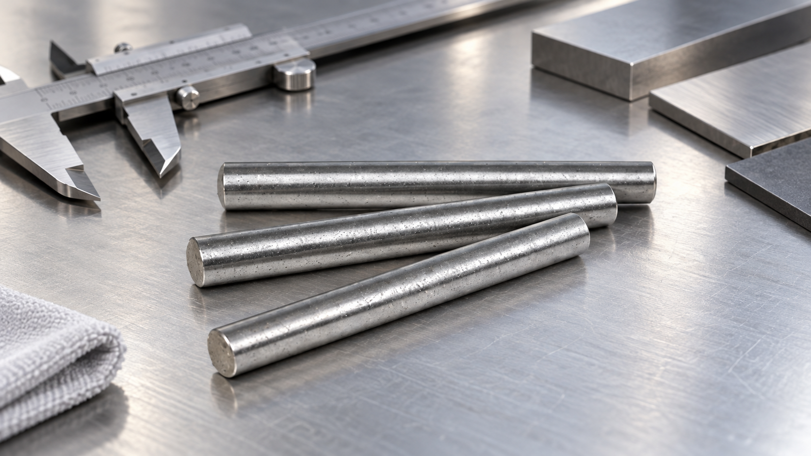 Straight steel dowel pins on a material inspection bench