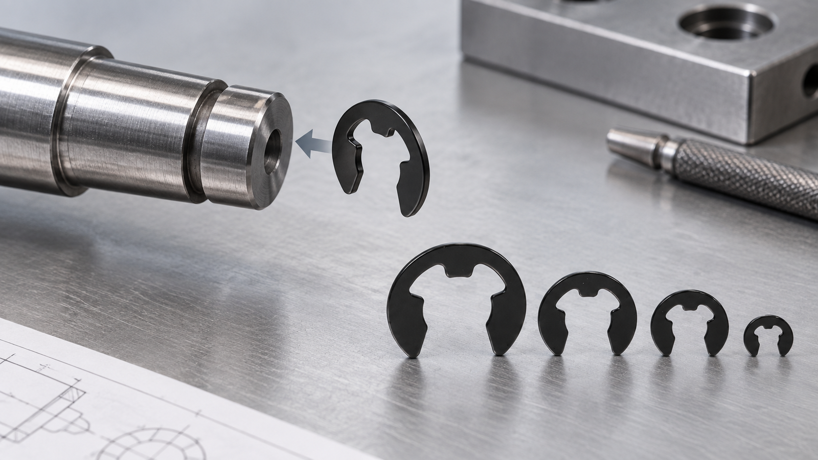 E-clips arranged by size with radial shaft-groove installation