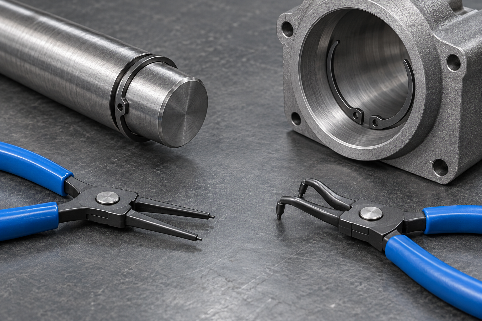 Internal and external retaining ring positions shown with snap ring pliers