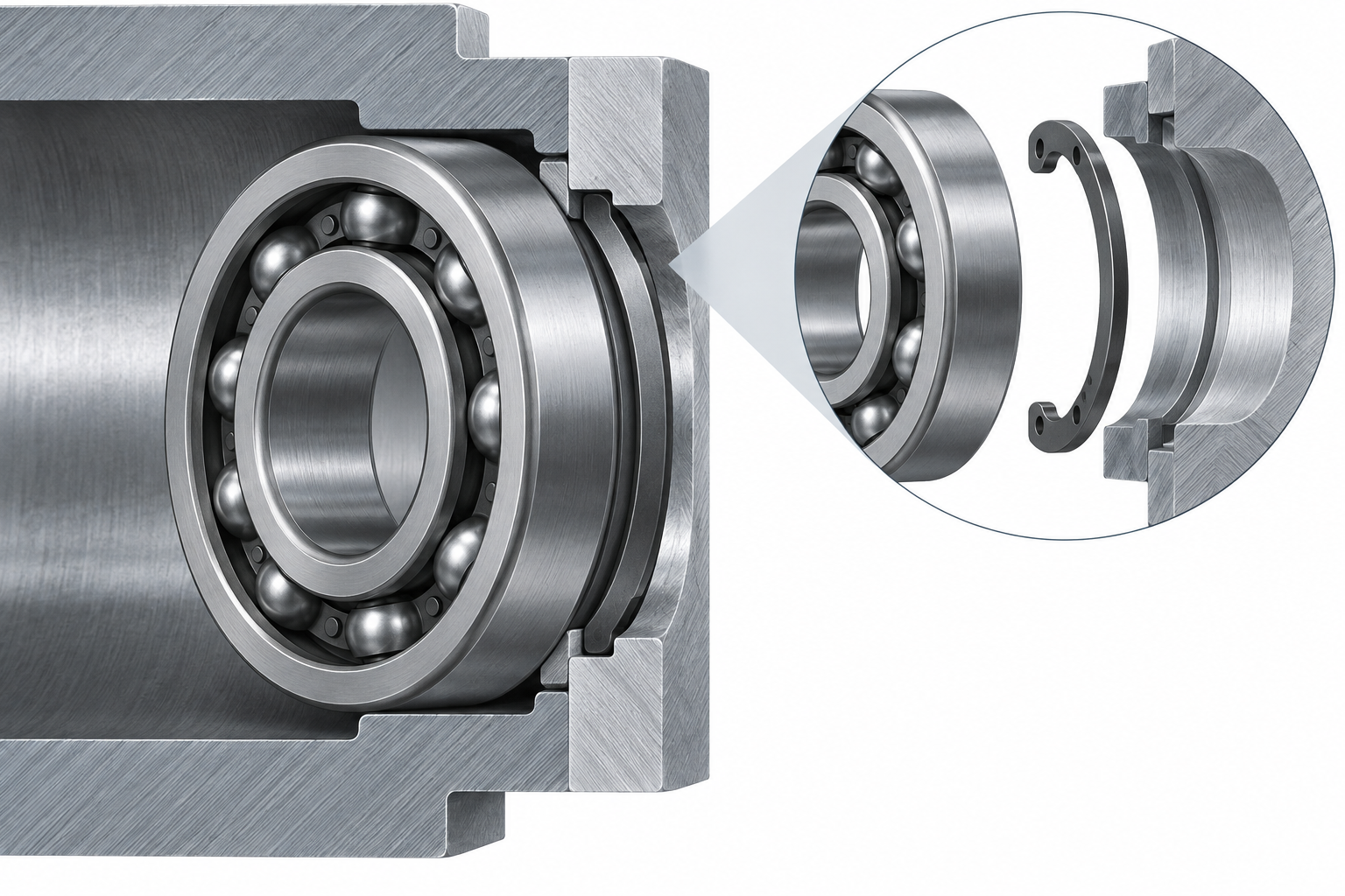 Cross-section showing a bearing outer ring and retaining ring in a housing groove