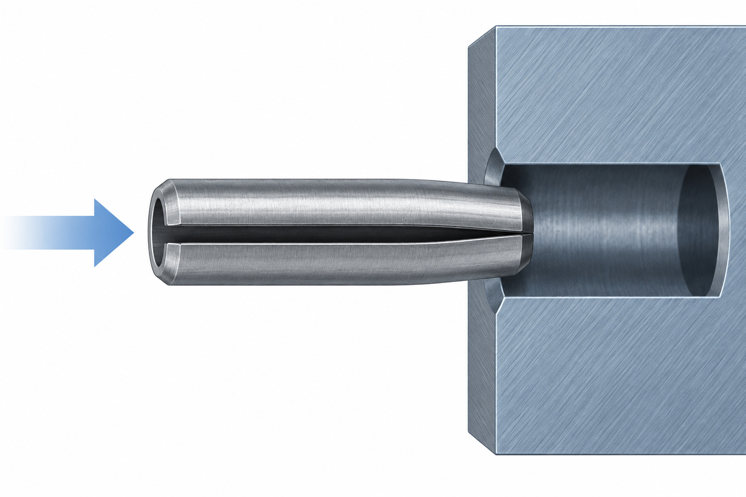 Slotted spring pin entering a receiving bore and compressing at the slot