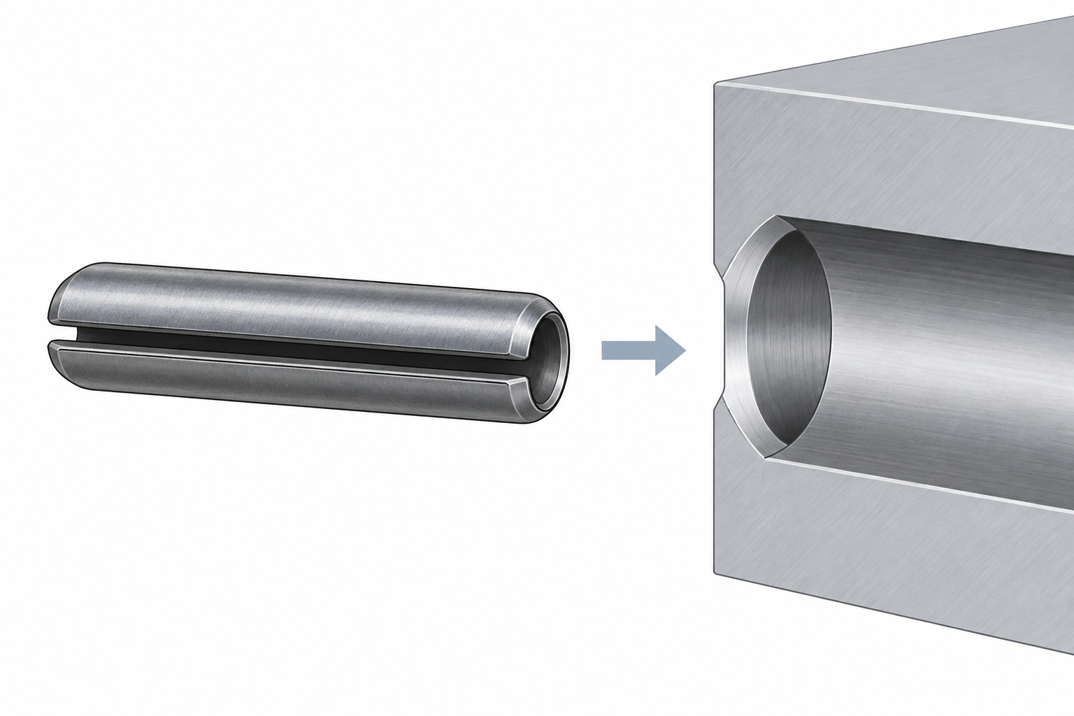 Slotted spring pin and receiving bore with an illustrated prepared entry edge