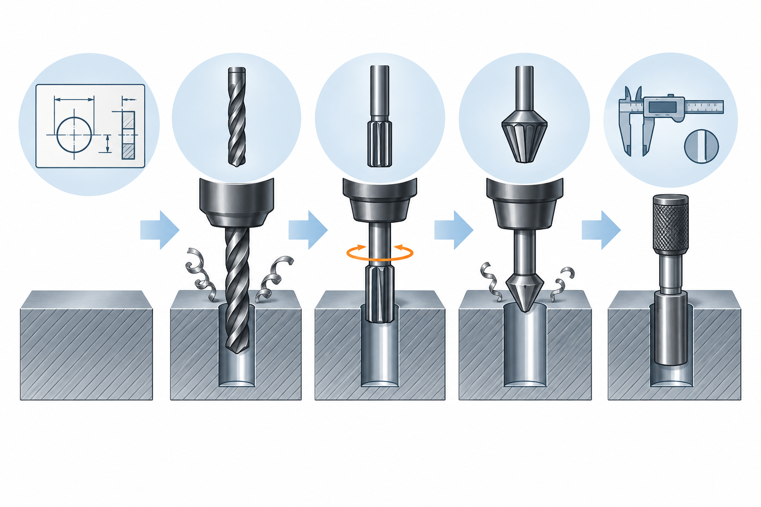 Illustrated sequence of hole data, drilling, controlled finishing, deburring and fit inspection