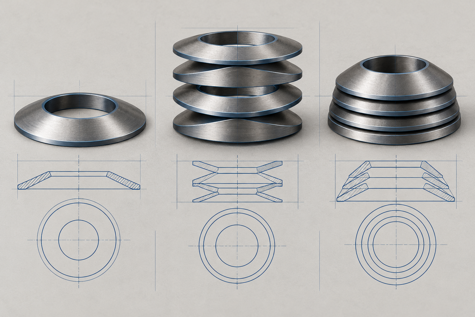 Left: single Belleville washer; center: series stack; right: parallel stack, shown without dimensions or load values