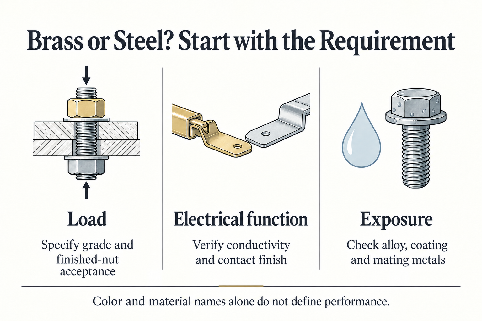 Three material-selection checks for brass and steel nuts: load, electrical function and exposure