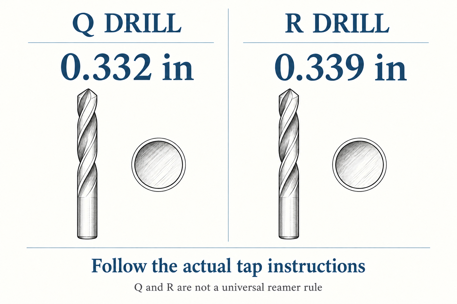 Q drill at 0.332 inch and R drill at 0.339 inch, with a reminder to follow the actual tap instructions