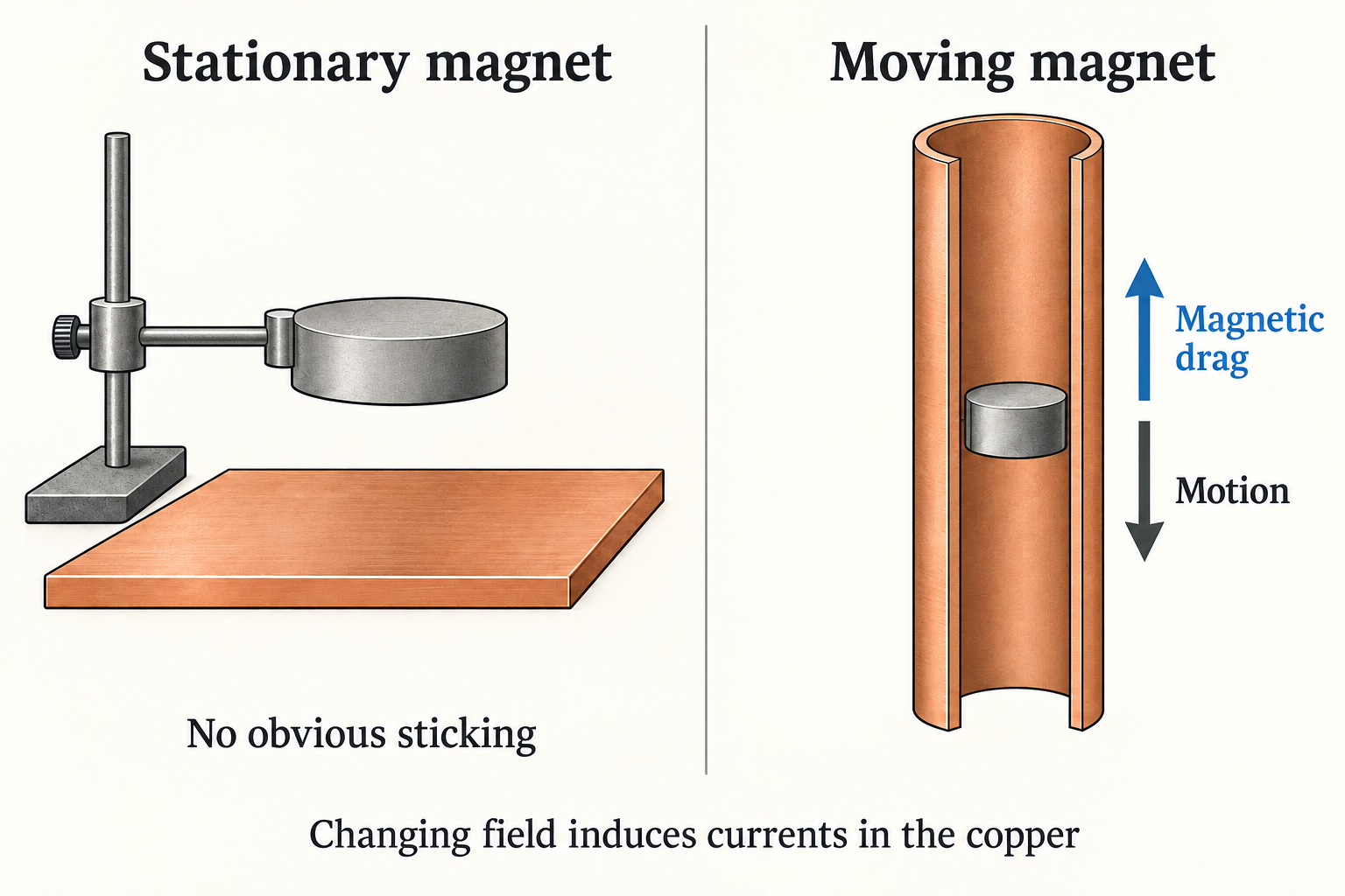 Supported stationary magnet above copper and a moving magnet in a copper tube with motion and magnetic-drag arrows