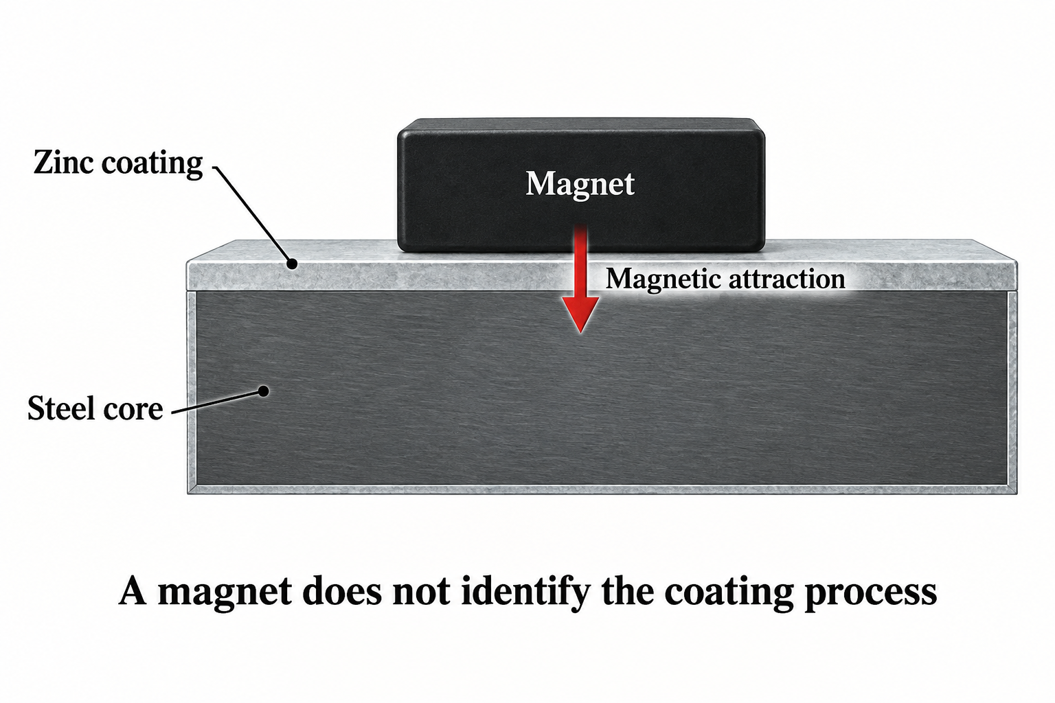 Zinc coating over a steel core with supported magnet and attraction arrow