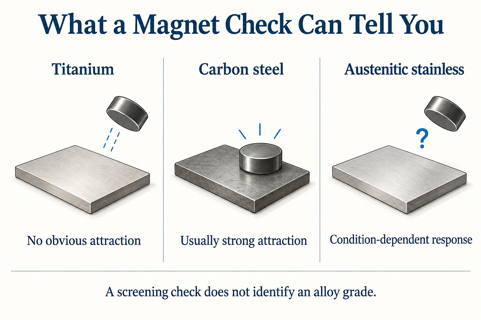 Qualitative magnet-response comparison for titanium, carbon steel and austenitic stainless steel
