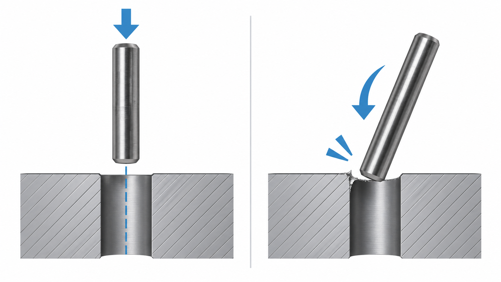 Cross-section diagram of aligned and misaligned dowel pin installation