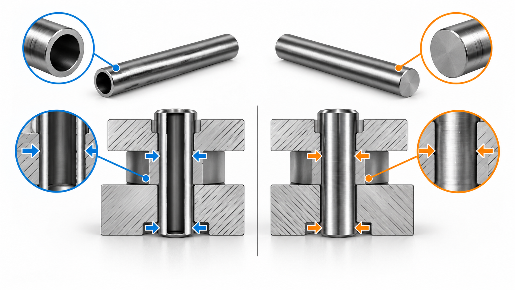 Conceptual cross-section comparison of hollow tubular and solid pin constructions